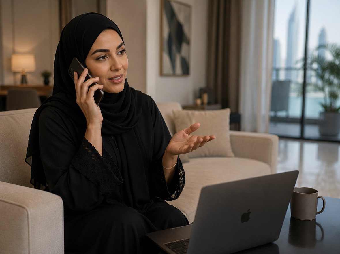 Client on a call from a Dubai apartment
